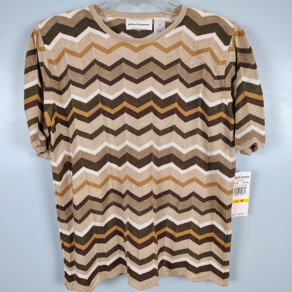 NWT Alfred Dunner Womens SZ M City Limits Chevron Knit Top Olive Earth Tones